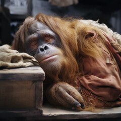 Sad homeless orangutan dreaming about home.