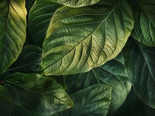 Artistic view of green leaves, focusing on the overlapping textures that epitomize the complexity of nature