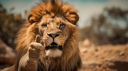 Portrait of friendly lion making thumbs up.
