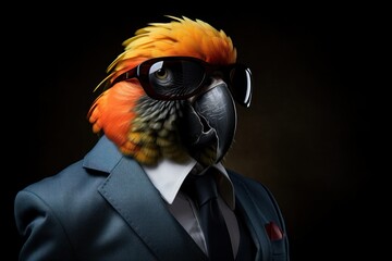 Funny parrot with sunglasses in a suit on a black background.