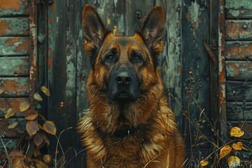 A loyal German shepherd standing guard at the entrance to its owner's home, alert and watchful in the moonlight.