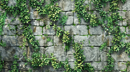 Lush green ivy vines creeping over a textured stone wall
