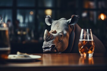 Drinking rhinoceros with a glass of beer.