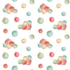 Seamless pattern with red, gold and green Christmas baubles. Hand-drawn watercolor illustration. New Year toys. Festive pattern for napkins, towels, textile, stationery, package, wrapping paper.