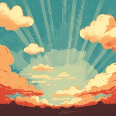 Retro sunset background with vintage clouds and rays.