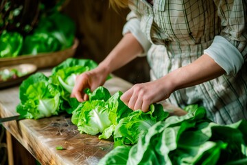 Woman hands preparing lettuce leaves on a wooden table