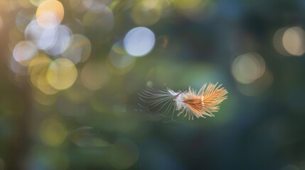 Obraz premium Dandelion seed floating in midair, illuminated by soft sunlight bokeh
