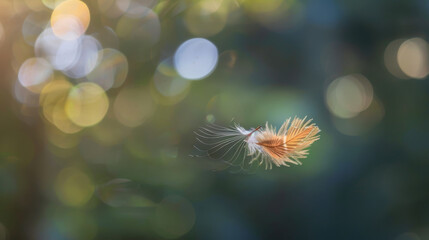 Dandelion seed floating in midair, illuminated by soft sunlight bokeh