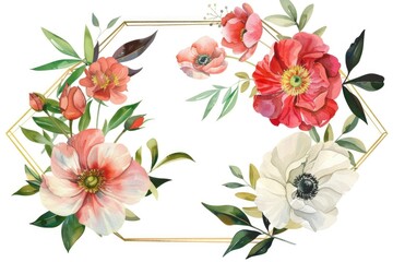 Fototapeta premium A watercolor painting of flowers in a hexagon frame, perfect for home decor