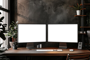 Computer screen with blank screen on the table in the office. Workplace concept
