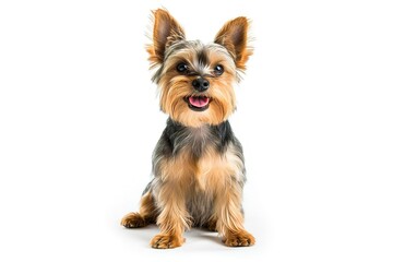 Scruffy adult blue gold Yorkshire terrier dog, sitting up facing front Looking towards camera and smiling. Isolated on a white background. photo on white isolated background