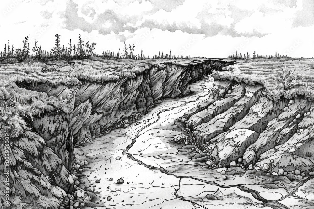 Poster a serene black and white drawing of a flowing river. suitable for various design projects