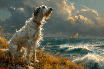 A majestic Irish wolfhound standing tall and proud on a windswept cliff overlooking the crashing waves of the ocean.