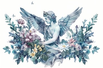 Fototapeta premium A serene angel statue surrounded by colorful flowers. Perfect for religious and memorial designs