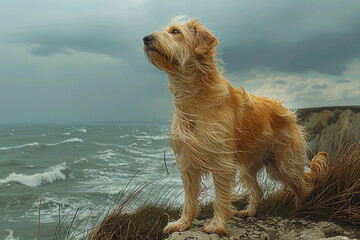 A majestic Irish wolfhound standing tall and proud on a windswept cliff overlooking the crashing waves of the ocean.