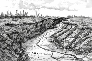 A serene black and white drawing of a flowing river. Suitable for various design projects