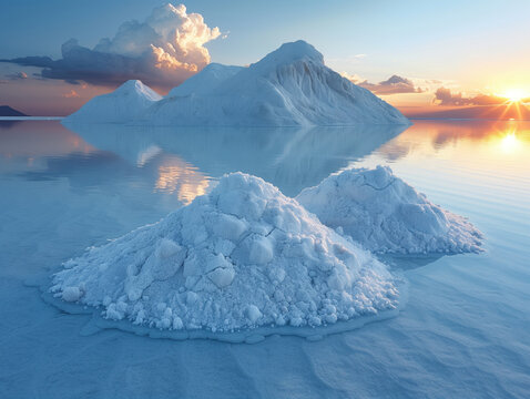 salt lake, brine in heaps for evaporation and evaporated salt piled up for collection and transportation