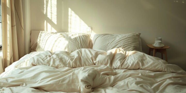A messy unmade bed with white sheets and pillows. Suitable for interior design concepts