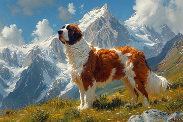 A majestic Saint Bernard standing proudly in a mountain meadow, snow-capped peaks rising in the distance.