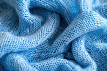 A detailed shot of a blue knitted blanket, perfect for cozy home decor