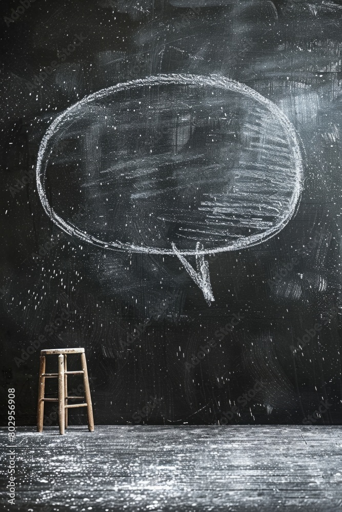 Poster a wooden chair placed in front of a chalkboard with a speech bubble drawing. ideal for educational o