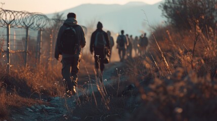A group of people walking down a dirt road. Suitable for travel blogs or outdoor adventure websites