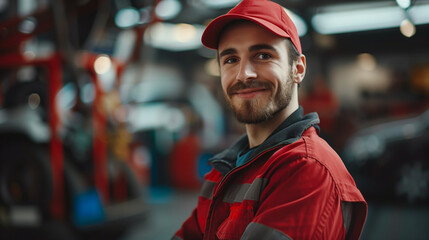 A male auto mechanic is wearing a red jacket and matching red hat, standing in front of a garage