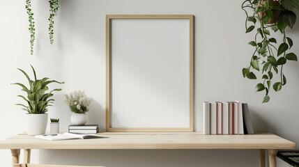 Frame mockup, desk and books, white wall background with hanging plants, 3d render