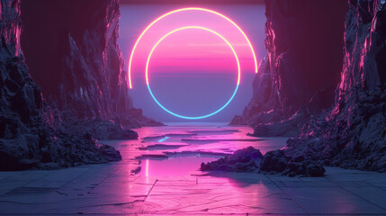 The image is a dark, mysterious landscape with a glowing pink and blue circle in the distance.