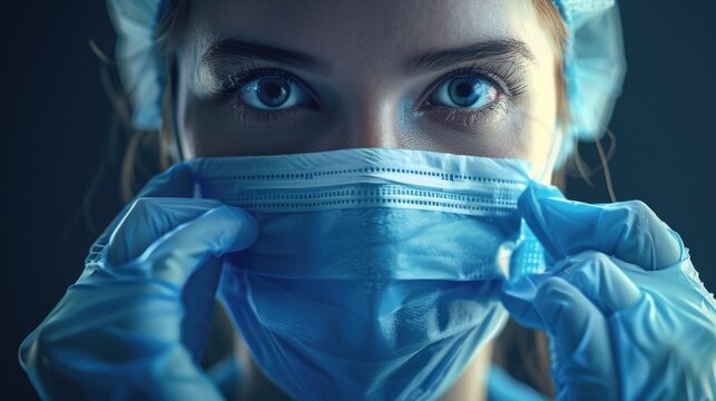 Close up of a person wearing a surgical mask. Suitable for health and medical concepts