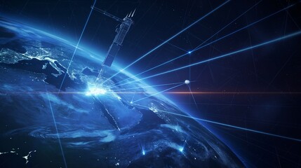 A network of satellites casting protective beams over a digital globe, creating a secure communication network free from cyber espionage. 32k, full ultra hd, high resolution