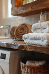 Stack of towels on a wooden shelf, suitable for bathroom or spa concepts