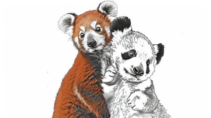   Red panda and black & white panda sitting on white background