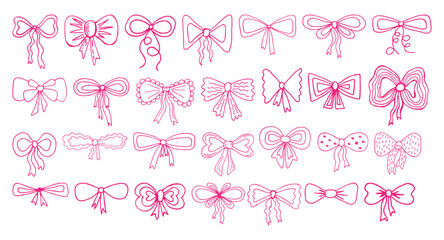 Cute pink ribbon bow outline clipart. Hand drawn line art vector preppy illustration.