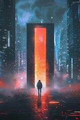 The image shows a dark and mysterious city with a large, glowing door in the distance
