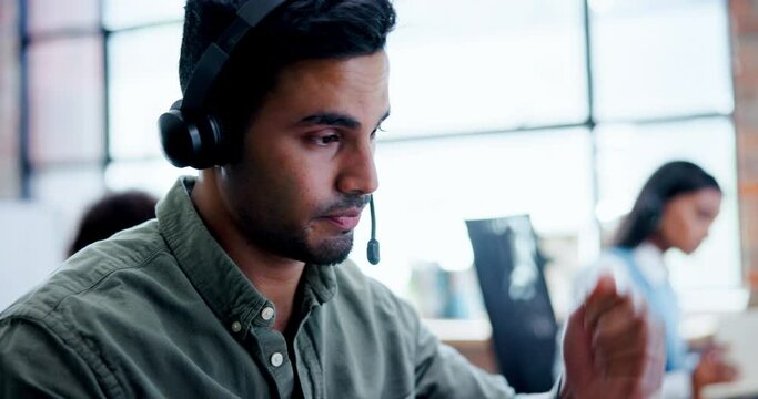Tired man, consultant and call center with stress, anxiety or burnout in disappointment at office. Frustrated male person or agent with mistake, strain or mental health from financial crisis or debt
