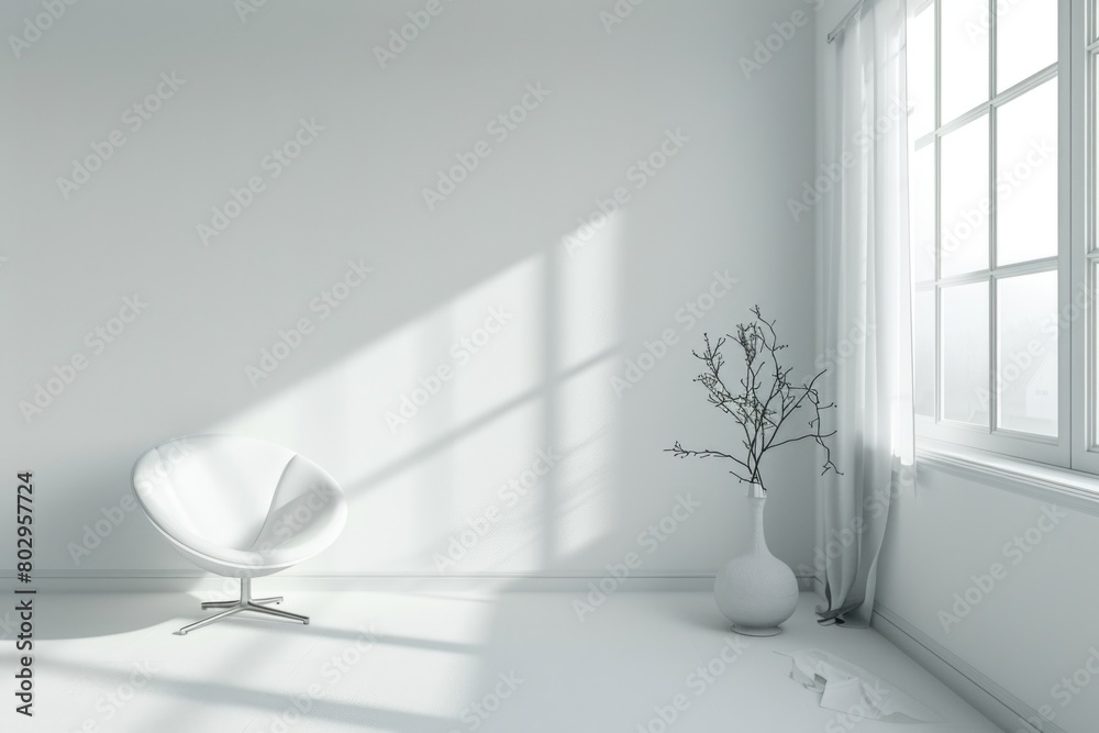 Poster a simple white room with a chair and a window, suitable for various interior design concepts