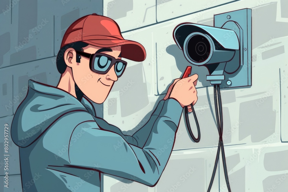 Aufkleber a man in a red hat and glasses fixing a camera. ideal for photography and technology concepts
