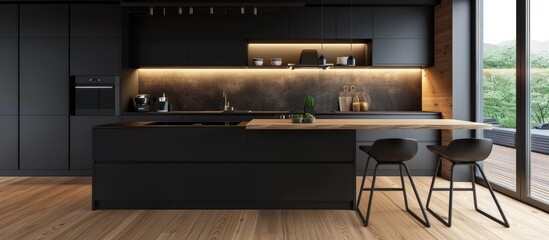Contemporary kitchen featuring black furnishings and a wooden floor.