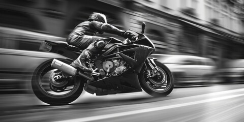 Obraz premium Black and white image of a person riding a motorcycle. Suitable for various design projects