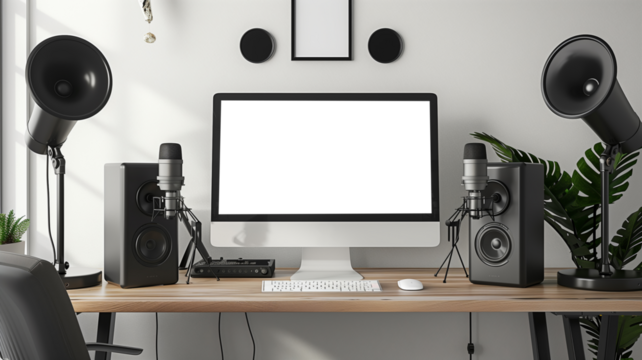 Interior of modern recording studio with computer, speakers and professional equipment