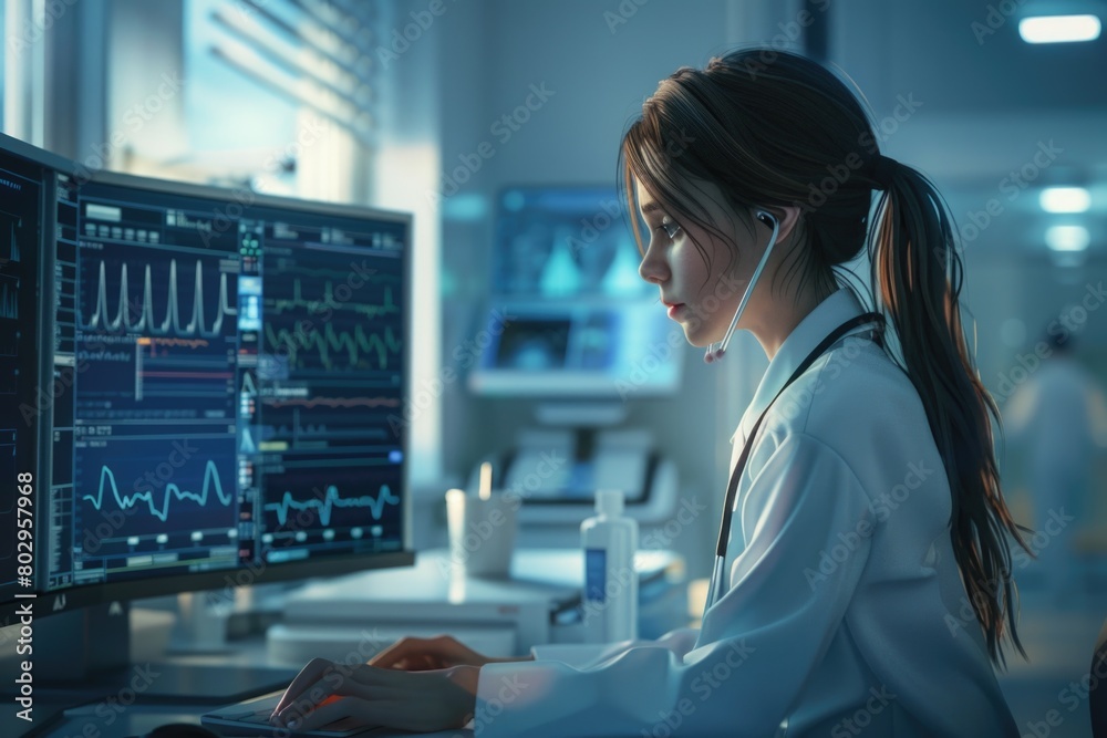 Poster Woman in lab coat using computer, suitable for science projects