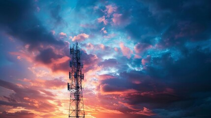 Communication antenna silhouetted against a dynamic sky, waves of signal broadcasting far and wide