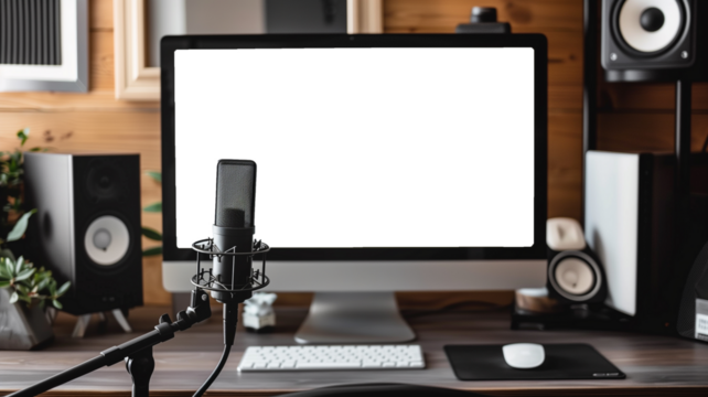 Interior of modern recording studio with computer, speakers and professional equipment