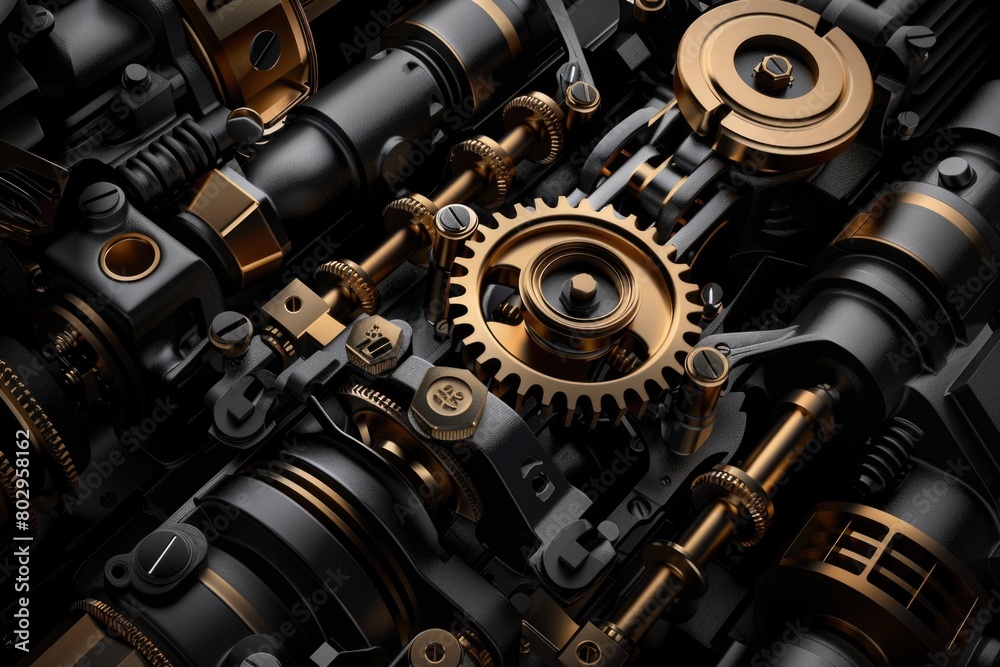 Poster a detailed close-up of a bunch of gears. can be used for industrial concepts