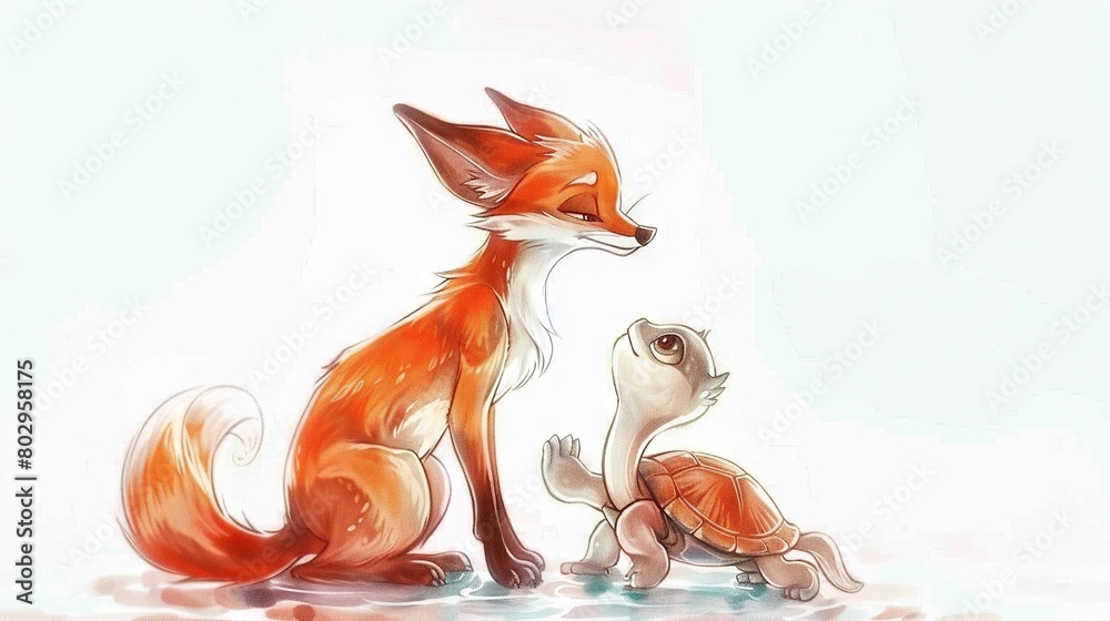 Sticker   A Fox and Tortoise Sitting on White and Blue Background