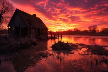 A serene lake house at sunset, ideal for travel or real estate concepts