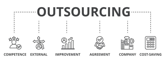 Outsourcing concept icon illustration contain competence, external, improvement, agreement, company and cost-saving.