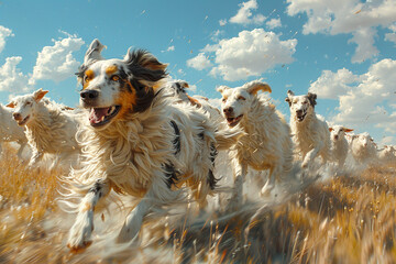 A pair of energetic border collies herding sheep under a vast blue sky dotted with fluffy white...