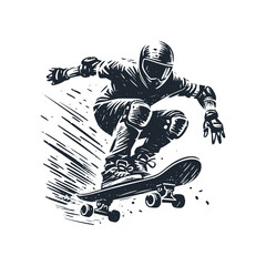 The skateboard sport action. Black white vector logo illustration.